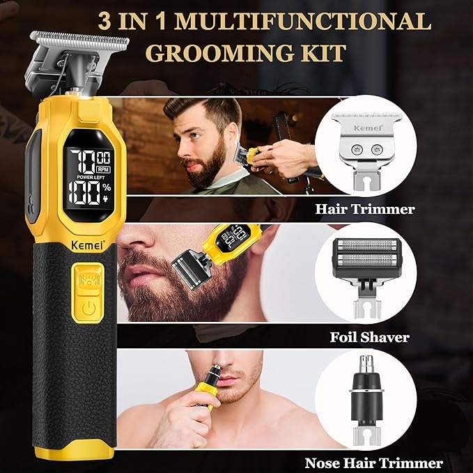 KEMEI 1878 Beard Trimmer for Men 3 in 1 Hair Clippers Shavers for Men Cordless Nose Hair Trimmer with Removable Head LED Display