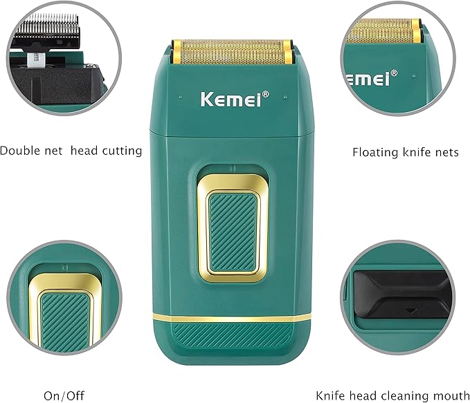 KEMEI Foil Shaver Double Electric Shaver for Men Electric Razors Head Shaver for Bald Men Barber Supplies Hair &amp Beard Trimmer Cordless Rechargeable Green