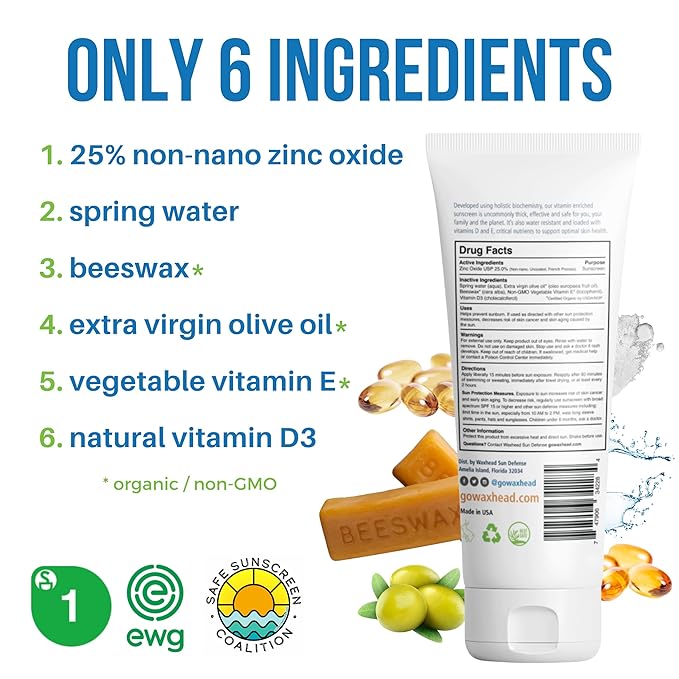 Waxhead Non-Nano Zinc Oxide Sunscreen EWG Sunscreen with Zinc Oxide for Face + Body Mineral Natural Non-Toxic Pure Sunblock Biodegradable Cream Lotion Sun Block Tattoo Eczema Vitamin D + E (4oz)