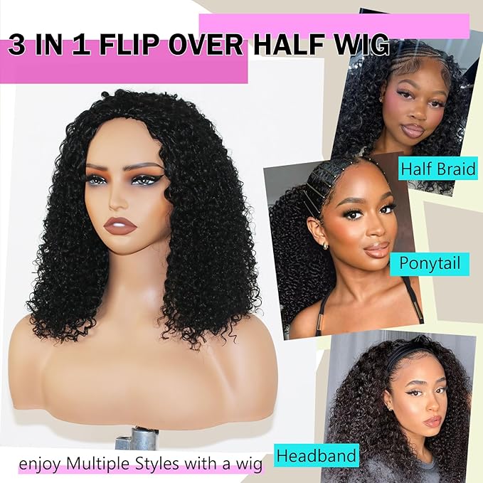 Kinky Curly Half Wig Human Hair for Black Women 16 Inch | 200% Density 3 in 1 Drawstring Seamless Flip Over | Glueless Wear and Go Wig with Invisible Hairline