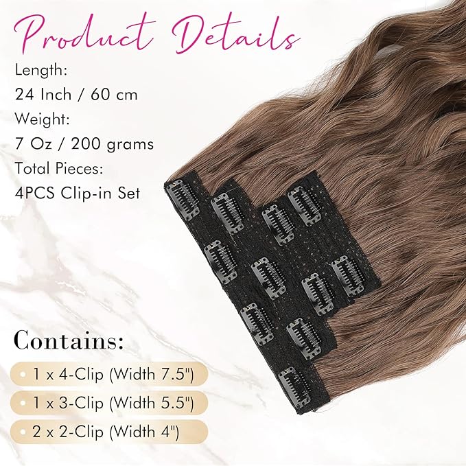 REECHO Clip in Hair Extensions 4PCS Hair Extensions 24 Thick Long Beach Waves hair extensions HE003 Invisible Lace Weft Natural Soft Hairpieces for Women (Ginger Brown)