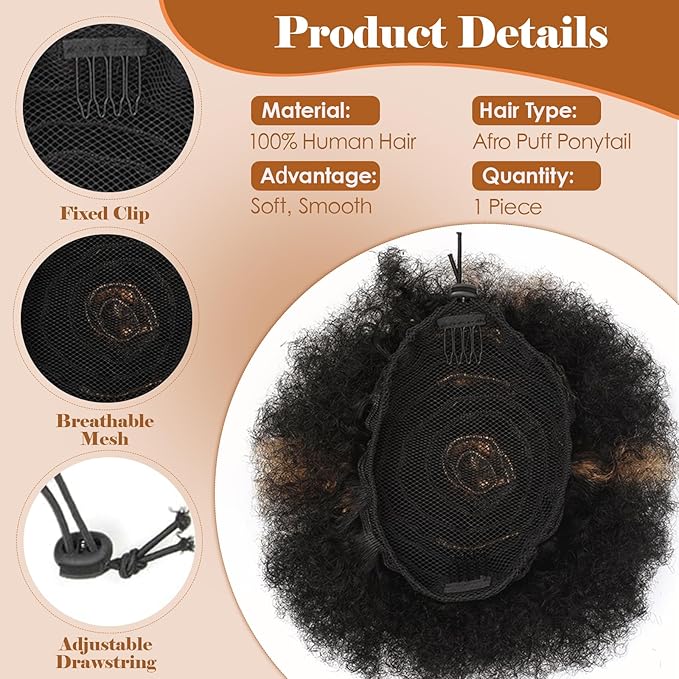 Fullart Afro Ponytail For Black Women #H1-30 Black mix Copper Red Soft Shiny Bouncy Clean and Healthy Hair Extensions Clip On Kinky Curly Ponytail Bun