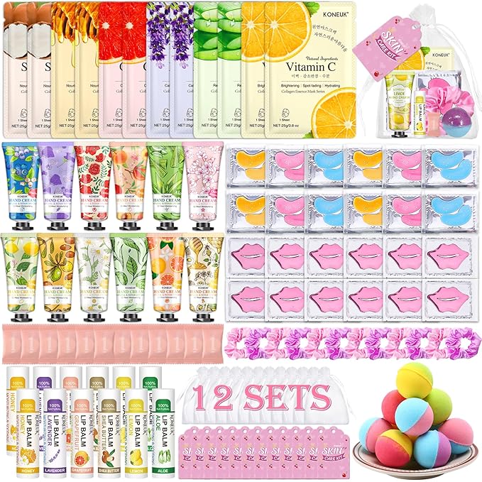 120 PCS Spa Party Supplies for Women Spa Party Favors Include Face Masks Skincare Hand Cream Lip Balm Under Eye Patches Lip Mask and Foot Bath Bombs Spa Birthday Sleepover Party Supplies
