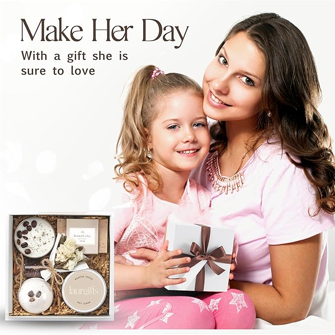 Coffee Spa Box for Women ? Small Relaxing Self Care Basket with Coffee Scented Candle Bath Bomb Soap &amp Salt Scrub ? Thoughtful Birthday Thank You Housewarming or Christmas Gift for Her