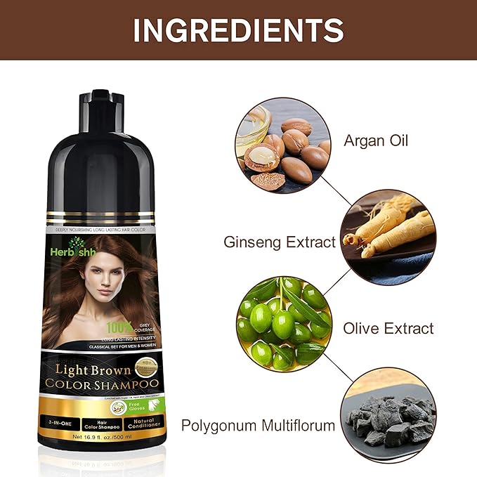Herbishh 3-In-1 Magic Hair Dye Shampoo for Gray Hair - Light Brown 500 Ml Ammonia-Free Long Lasting Colors Hair in MinutesUnisex