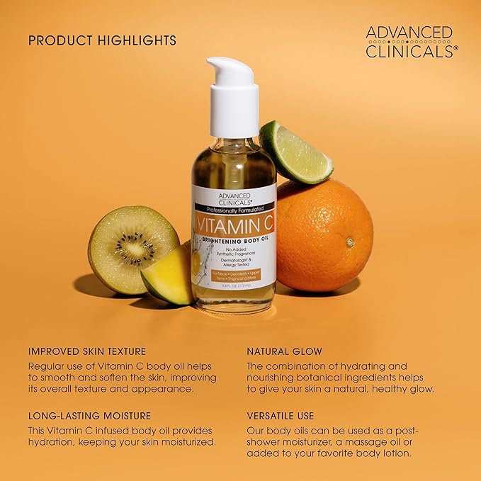 Advanced Clinicals Vitamin C Brightening Body Oil For Women &amp Men | Vitamin C Oil Skin Care Body Moisturizer With Vitamin E + Botanicals To Help Improve Appearance Of Dark Spots + Dry Skin 2PC