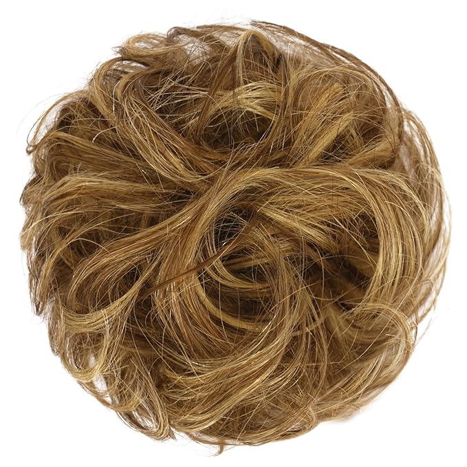 FESHFEN Human Messy Buns - 100% Human Hair Bun Real Scrunchies Hair Pieces Ponytail Extensions Wavy Tousled Updo Chignon Hairpieces for WomenLight Brown Mixed Blonde