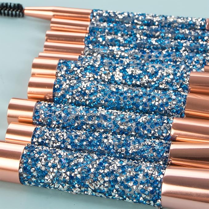Glitz and Glam Essentials Makeup Brushes 1 Set Rhinestone Makeup Brush Set Professional Beauty Cosmetic Brushes with Bag for Face Make Up Tools (blue)