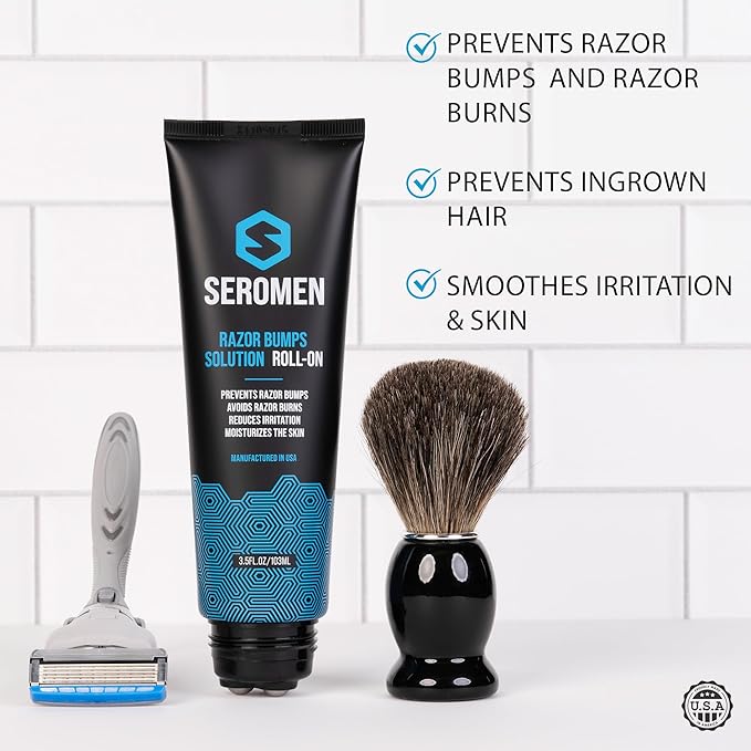 Seromen Razor Bump Treatment for Men - Ingrown Hair Treatment for Men - Face &amp Body After Shave &amp Razor Burn Treatment - Metal Roll On Soothes Skin &amp Calms Irritation (3.5fl.oz) Made in US