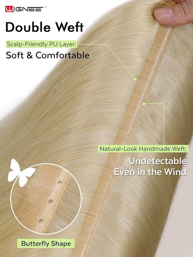 WIGNEE OVO Double Butterfly Hair Extensions Human Hair 2 PCS Real Human Hair Beaded Weft Hair Extensions Human Hair Blonde Color (613)