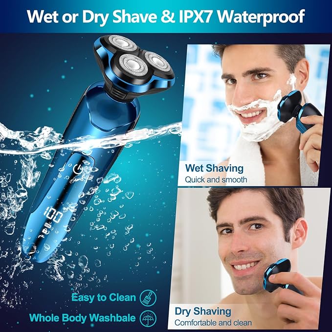 Electric Razor for Men IPX7 Waterproof 3D Rotary Shaver Rechargeable Cordless Shaver for Men with Wet/Dry Function &amp LCD Display Ideal Shaving Gifts for Husband Dad Boyfriend
