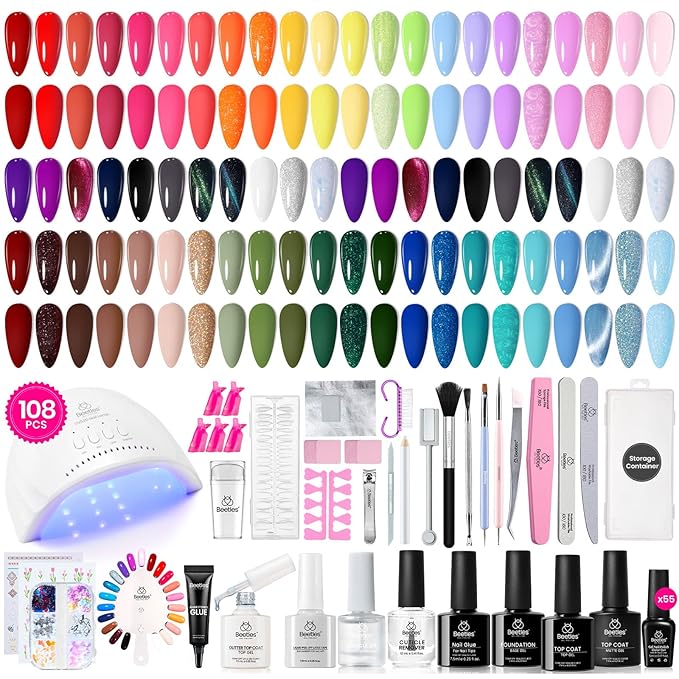 Beetles Gel Nail Polish kit with UV Light 108 PCS 55 Colors Valentines Gel Polish Set Base Coat Glossy Matte Glitter Top Coat Gel Polish Glitter Red Green Brown Purple Pink Cat Eye Gel Gift for Women
