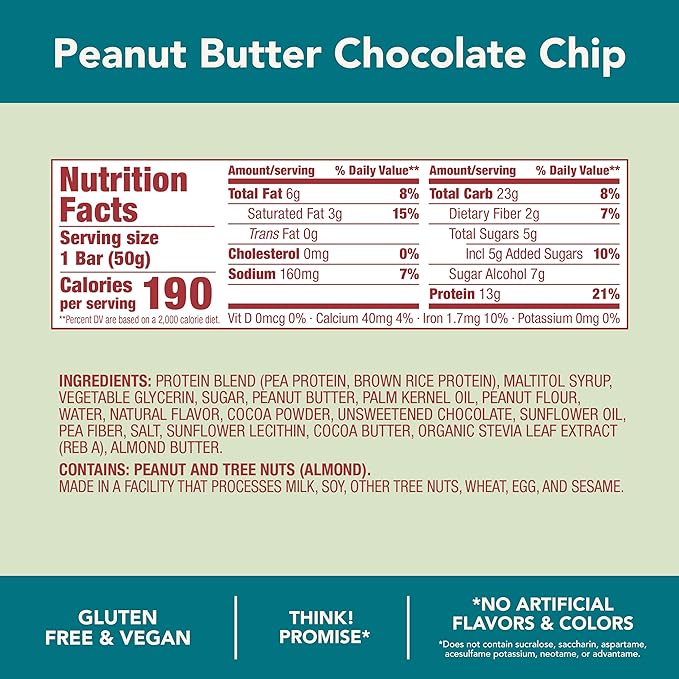 think! Vegan/Plant Based High Protein Bars - Peanut Butter Chocolate Chip 13g Protein 5g Sugar No Artificial Sweeteners Non GMO Project Verified 10 Count (Packaging May Vary)