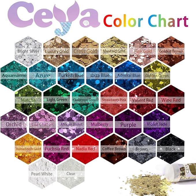 Ceya Chunky Glitter Set 32 Colors 11.28 oz/ 320g Craft Glitter Powder Mixed Chunky Fine Sparkle Flakes Each 15ml Iridescent Nail Sequins for Epoxy Resin Nail Art Tumbler Slime Festival Decor