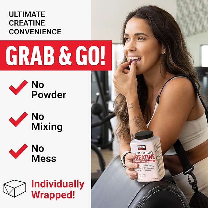 FORCE FACTOR Legendary Creatine Chews 5g Creatine Monohydrate Build Muscle Improve Strength &amp Recovery Support Memory &amp Cognitive Function Sugar Free Berry Blast 60 Soft Chews