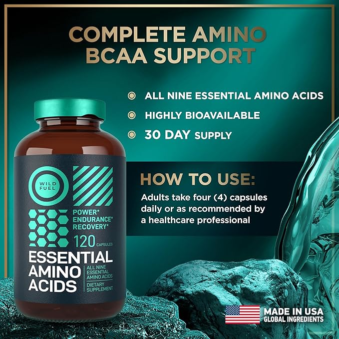 WILD FUEL Essential Amino Acids Supplement for Women and Men - All 9 BCAAs Amino Acid Complex for Power and Recovery - EAA Lysine Tryptophan Isoleucine - 2 Pack 240 Vegan BCAA Capsules