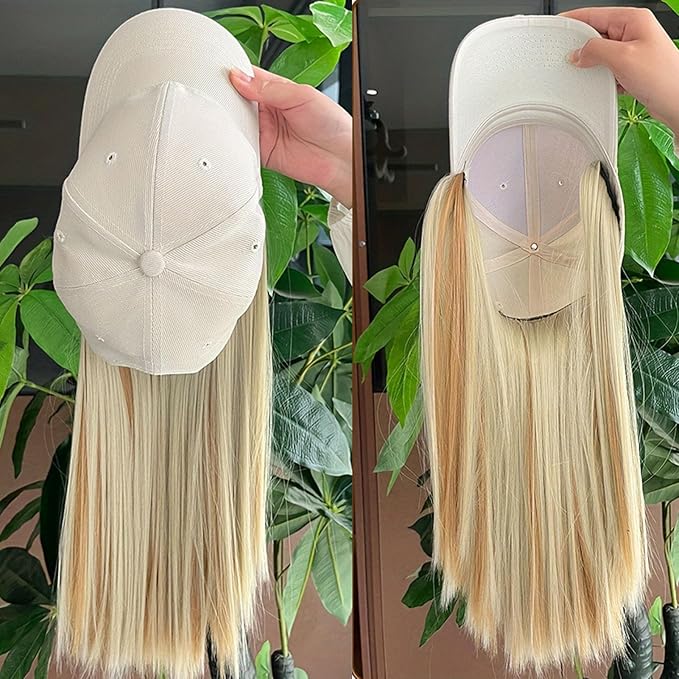 Baseball Cap with Hair Extensions Hat Wig Adjustable Hat Attached Short Straight 18 Synthetic Hairpiece for Women Ash Blonde Mix Bleach Blonde