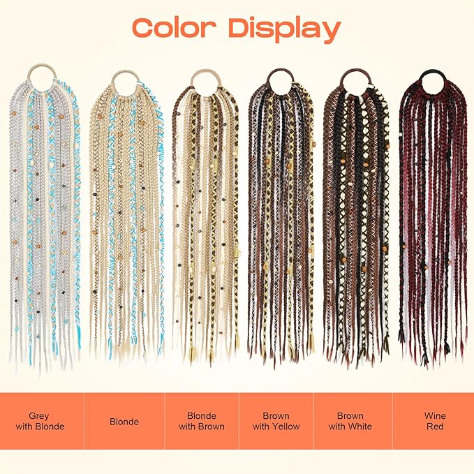 SEIKEA Boho Braided Ponytail Extension with Hair Tie 24 Long Viking Dreadlock Beads Ponytail Hand-braided Braids Hair Extensions Lightweight Natural Synthetic Hairpiece for Festival Cosplay