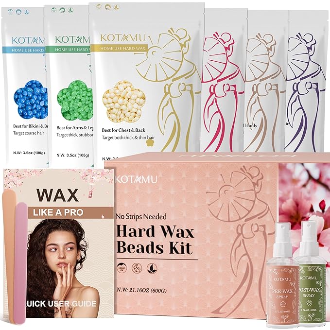KOTAMU Hard Wax Beads 6 Packs Waxing Beads for Hair Removal- Facial Bikini Brazilian Leg Sensitive Skin Full Body- Stripless Wax Beans Kit for Coarse &amp Fine Hair Ideal for Women Men Home Salon U