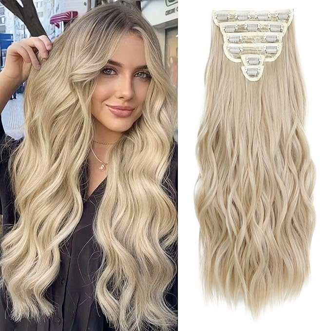 Clip in Hair Extensions for Women Natural Blonde Extensions 24 Inch 6PCS Hairpieces Long Wavy Soft Thick Hair Extensions Clip ins