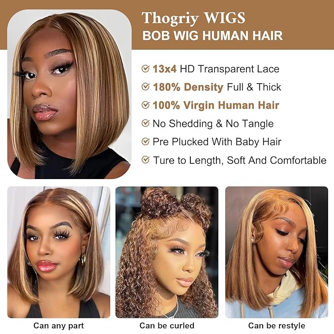4/27 Honey Blonde 13x4 Bob Wig Human Hair 180% Density HD Transparent Lace Front Wigs Human Hair Short Bob Pre Plucked Straight Wigs Human Hair for Women 12 Inch