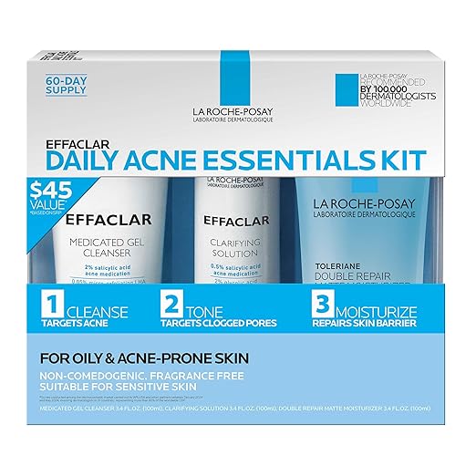 Effaclar Daily Acne Essentials Kit Acne Treatment System Salicylic Acid Acne Cleanser Pore Refining Toner &amp Matte Face Moisturizer for Oily Skin &amp Combination Skin Oil-Free 2 Month Suppl