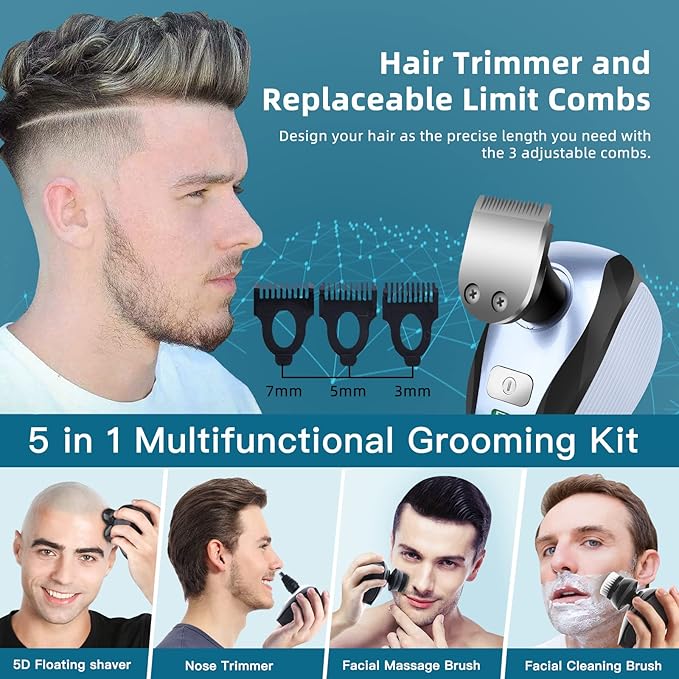 5 IN 1 Head Shaver for Men Electric Razor for Bald Men Cordless Rechargeable Waterproof Black 7 Blades Rotary Foil Head 30 Day Battery Life