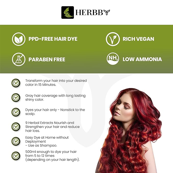 HERBBY Hair Color Shampoo for Gray Hair Coverage&ampColor Transform with 9 Herbal Extracts ?Long Lasting(6-8 Weeks)ShinyEvenly ColoredInstant Hair Dye Shampoo&ampConditioner 500 Ml (WINE RED COL