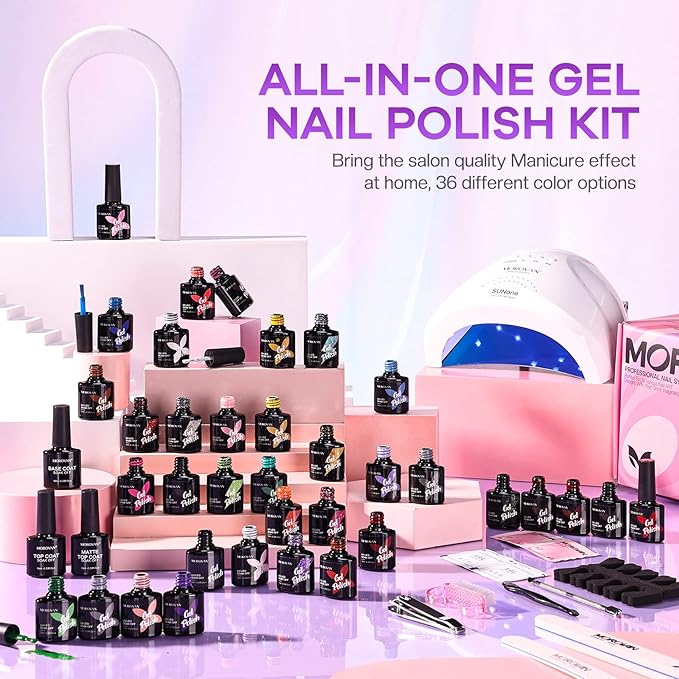 Morovan Gel Nail Polish Kit with UV Light: 36 Colors Gel Nail Polish Set with Pure Gillter Gel Polish Soak Off Gel Nail Kit Contain Base &amp Top Coat Nail Polish Starter Kit