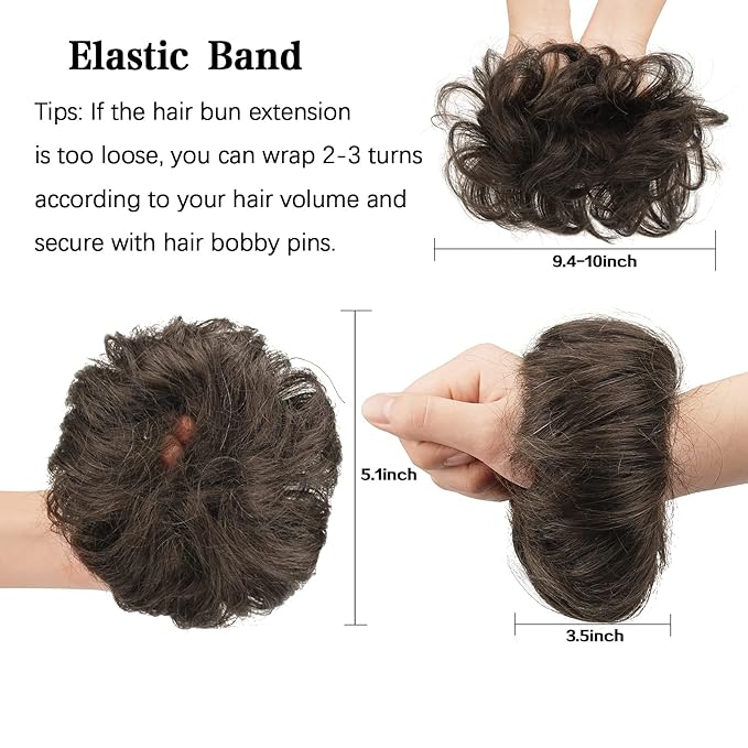 FESHFEN Human Messy Buns - 100% Human Hair Bun Real Scrunchies Hair Pieces Ponytail Extensions Wavy Tousled Updo Chignon Hairpieces for Women Dark Brown