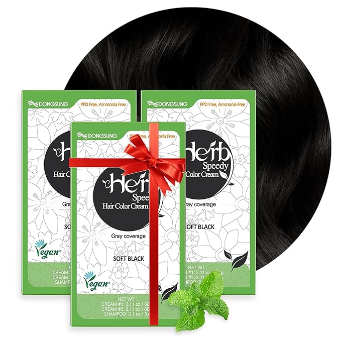 Dongsung Herb Speedy Color Cream (Soft Black 3 Pack) PPD-Free Ammonia-Free Vegan Gray Coverage Hair Dye with Sun Protection Odorless Gentle for Sensitive Scalp No Eye or Scalp Irritation