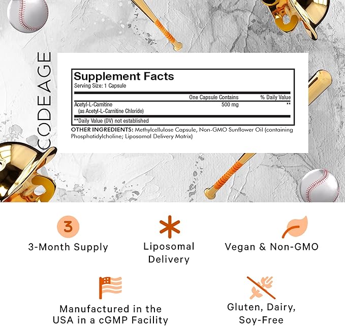 Codeage Liposomal Acetyl-L-Carnitine+ Supplement - 500 mg Acetyl-L-Carnitine per Serving - 3-Month Supply Liposomal Delivery - Alcar Supplement - L-Carnitine - Non-GMO Gluten-Free 90 Capsules