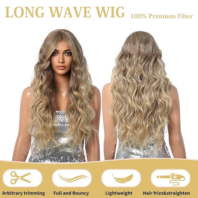 Haoland Ombre Blonde Curly Wig for Women 26 Inch Long Synthetic Wavy Wig with Bangs
