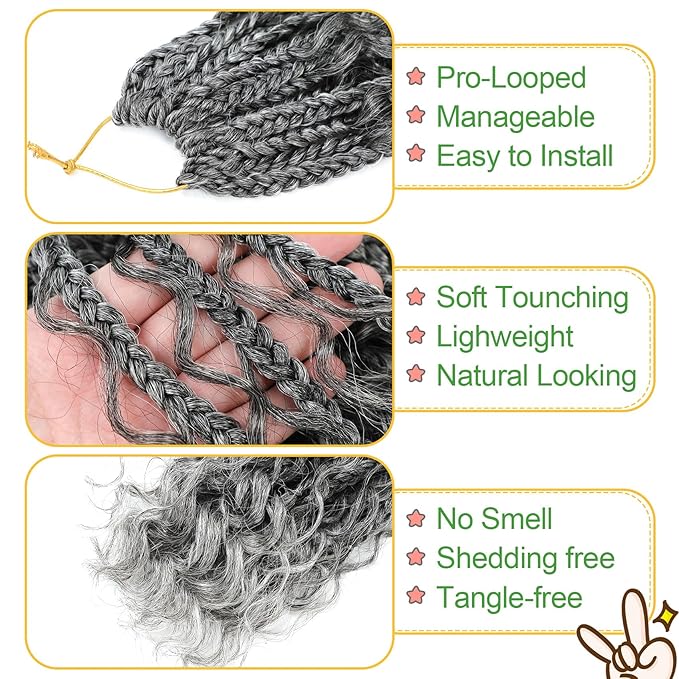 Fulcrum Goddess Box Braids Crochet Hair 10 Inch9 Packs Boho Box Braid Crochet Hair for Women Pre-looped Bohemian 3X Crochet Braiding Hair with Curly Ends(10Inch Tgray#)
