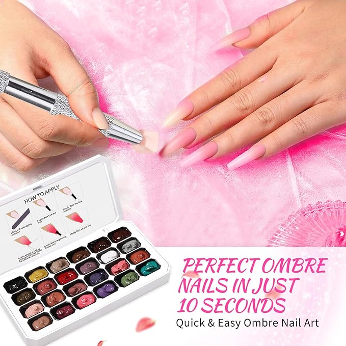 24 Colors Ombre Gel Nail Polish SetOmbre Pigment for NailsGradient Painting Gel with 100Pcs Nail Sponges for 3D Gels Nail Art can be Painted in Salon or Home Use