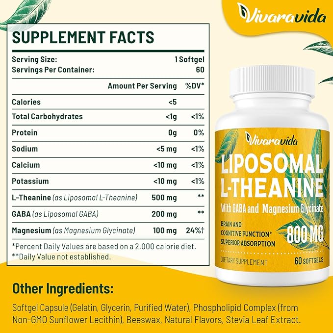 L-Theanine 800mg Supplement with GABA and Magnesium Glycinate - Natural Compound Sleep and Relaxation (120 Softgels)