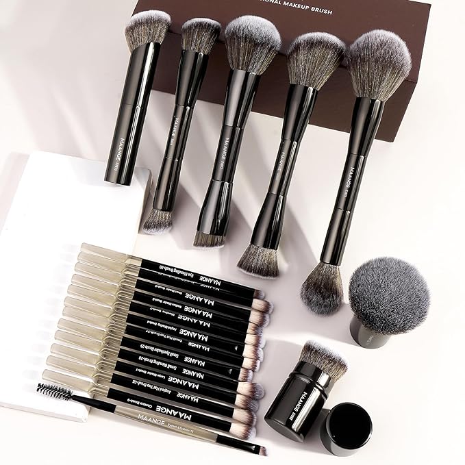 MAANGE 20 Pcs Makeup Brushes with Gift Box Double-End Multi-functional Makeup Brushes for Blending Liquid Powder Concealer Cream Blush BuffeBlack