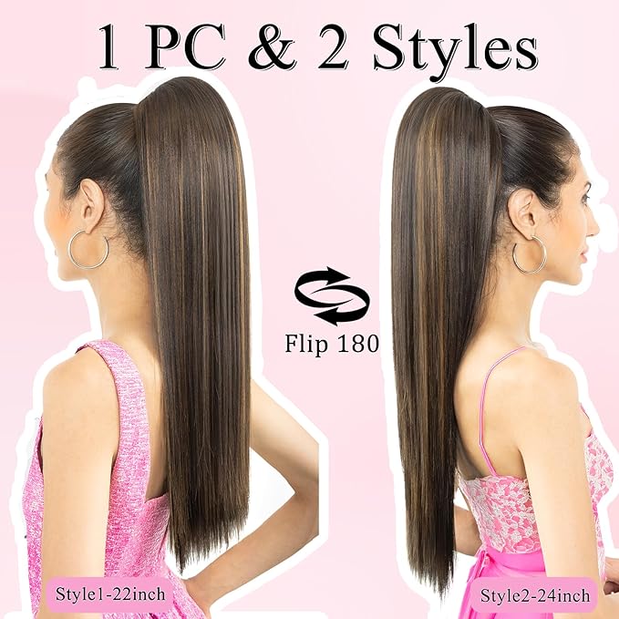 Ponytail Extension 24 Long Straight Claw Clip Ponytail Extension clip on ponytails hair clip Hair claw clip Fake Ponytail Hairpieces for Women - Dark Brown with Blonde HL