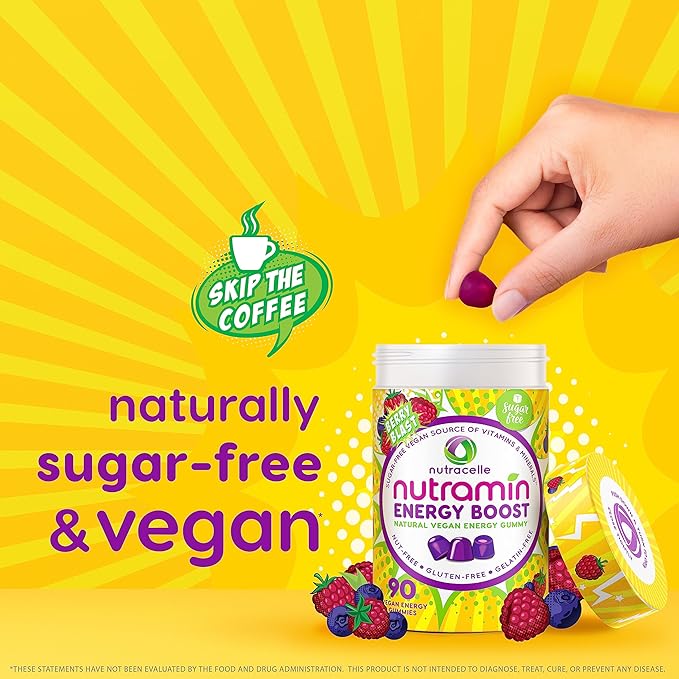 NUTRAMIN Energy Boost Vitamin Gummy - Skip The Coffee &amp Boost Your Energy Caffeine-Free Sugar-Free Vegan B12 Green Tea Ashwagandha Garcinia Cambogia Raspberry Adaptogen - 90 ct