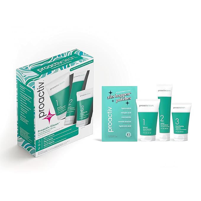 Proactiv Clean 3 Step Acne Routine w/ Pimple Patches- Sulfur Acne Treatment Cleanser Azelaic Acid Serum and Facial Moisturizer for Sensitive Acne-Prone Skin- 30 Day Acne Kit with Pimple Patches