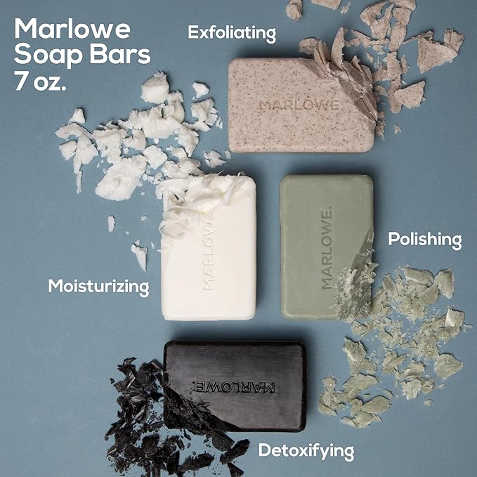 MARLOWE. Soap Discovery Gift Set Mens Skin Care Variety Selection of Exfoliating Body Scrub Charcoal Moisturizing &amp Polishing Body Bar Soaps for Men 4 Pack