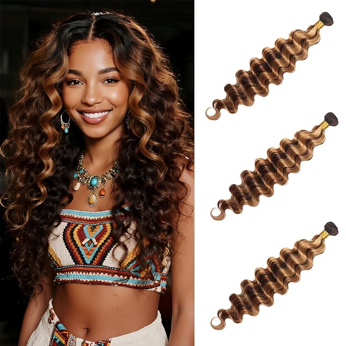 Highlight Deep Human Hair Bundles 16 18 20 Inch Brazilian Remy Virgin 10A Deep 3 Bundles Human Hair Hair Extensions Bundles P4/30 Highlight