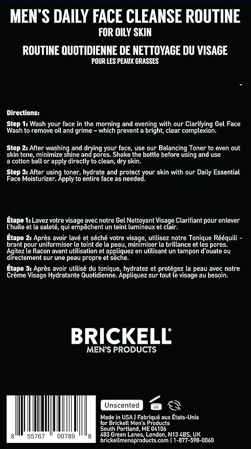 Brickell Men's Daily Face Cleanse Routine for Oily Skin Alcohol Free Toner Gel Facial Wash and Moisturizer Natural and Organic Unscented