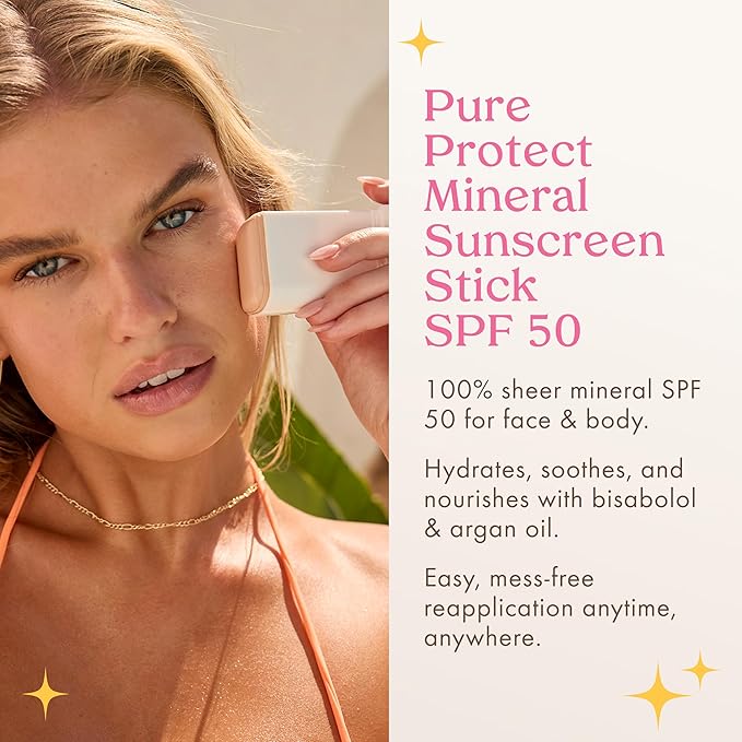 Kopari PURE PROTECT 100% Mineral Sunscreen Stick SPF 50+ Clear Zinc Oxide Face and Body Sunscreen with Hydrating Argan Oil Shea Butter Sheer Finish Ultra-Portable for Easy Reapplication