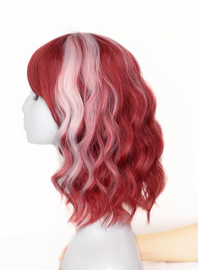 AISI HAIR Red Mix Pink Synthetic Wavy Curly Bob Wig with Bangs Short Wavy Hair for Women Synthetic Heat Resistant Bob Wigs