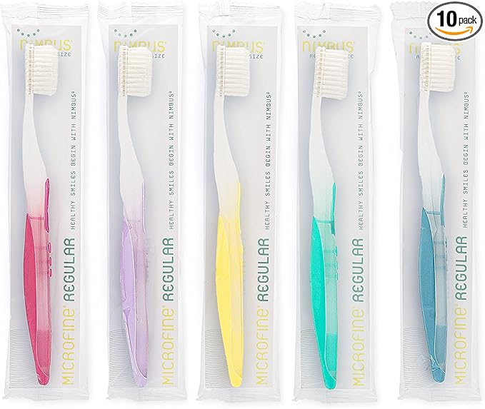 NIMBUS Extra Soft Toothbrushes (Regular Head) Periodontist Design Tapered Bristles for Sensitive Teeth and Receding Gums Individually Wrapped Plaque Remover Travel Toothbrush (10 Pack Colors Vary)