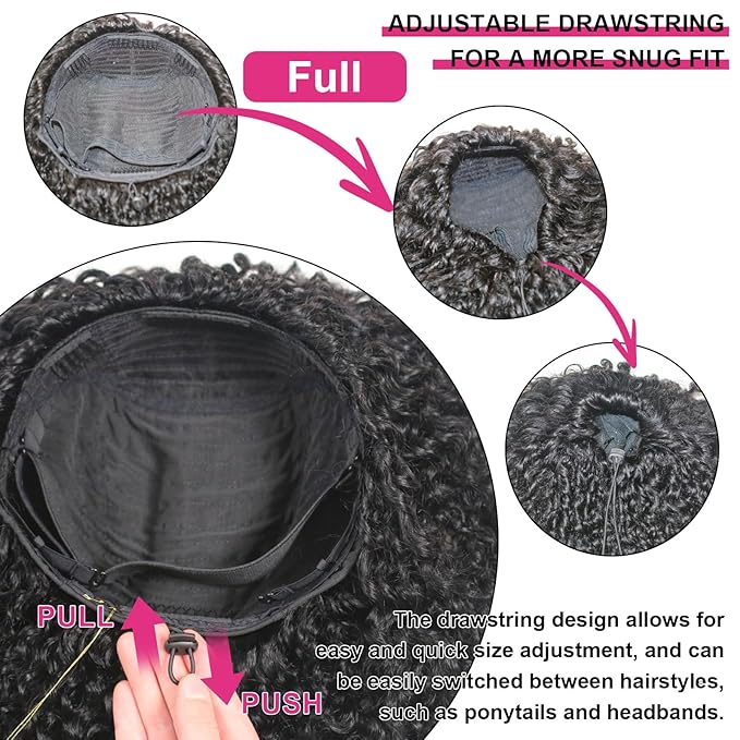 Kinky Curly Half Wig Human Hair for Black Women 16 Inch | 200% Density 3 in 1 Drawstring Seamless Flip Over | Glueless Wear and Go Wig with Invisible Hairline