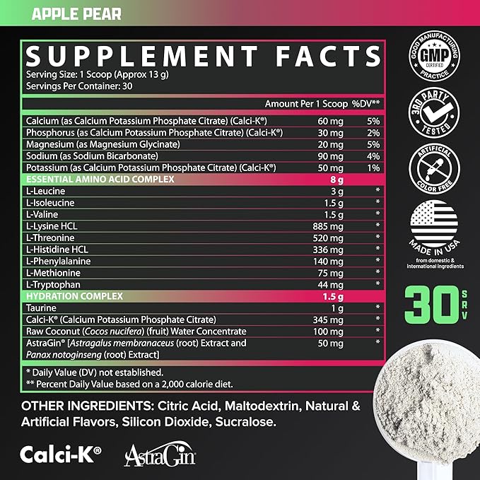 Nutrex Research EAA Hydration | EAAs + BCAAs Powder | Muscle Recovery Strength Muscle Building Endurance | 8G Essential Amino Acids + Electrolytes | Apple Pear 30 Servings
