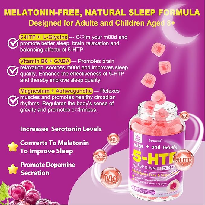 5HTP Gummies for Adults &amp Kids 8+ Melatonin Free Gummies with Magnesium Glycinate GABA L-Glycine Ashwagandha Vitamin B6 for Delicious Zzzs Brain &amp Muscle Relaxation 0 Sugar 60 Count (Pa