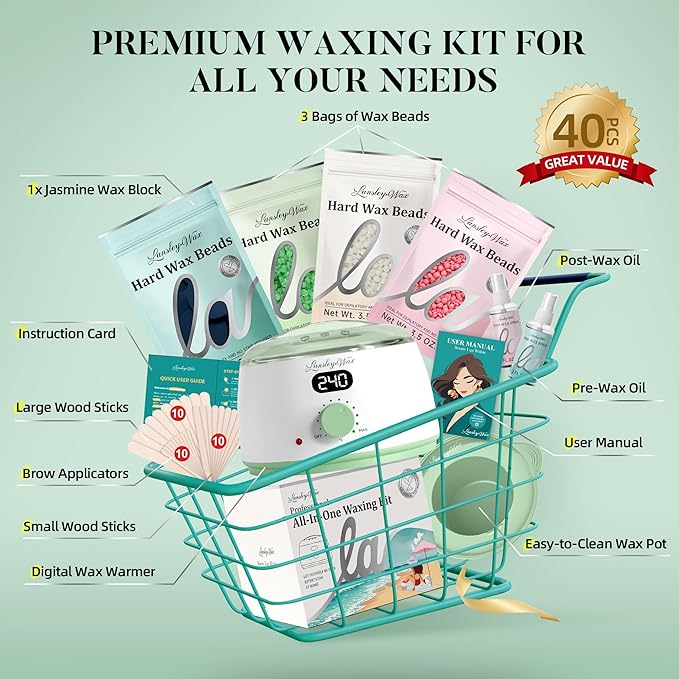 LANSLEYWAX Digital Waxing Kit for Women Men - Green Waxing Machine with 39 Accessories - Hard Wax Kit for Arms Legs Brazilian Bikini Facial Sensitive Skin Wax Warmer Hair Removal for Home/Salon Use